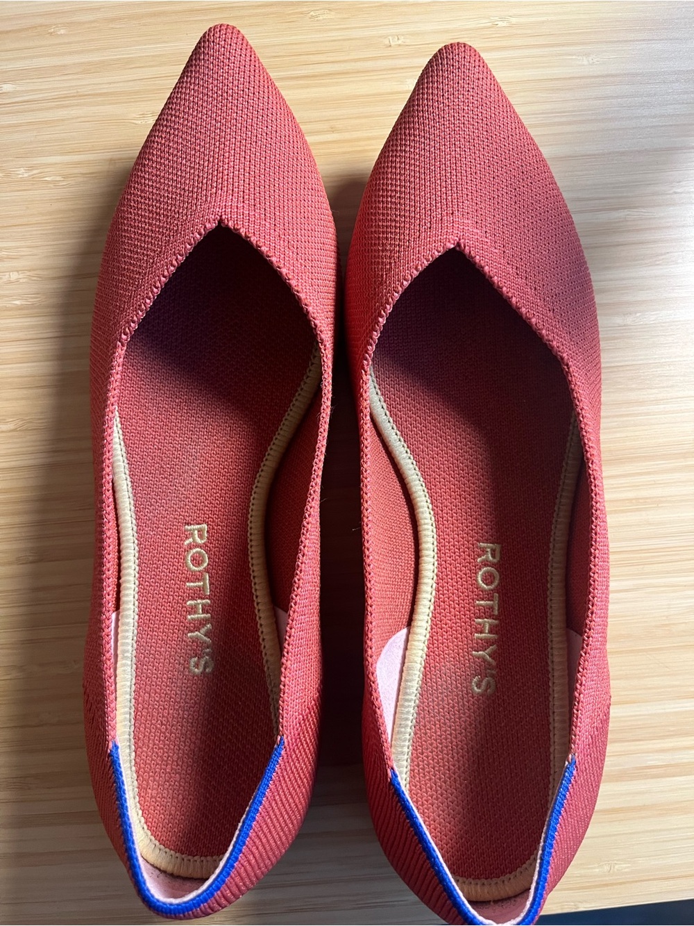 Rothy's Coral Knit Pointed Flat with Blue Trim